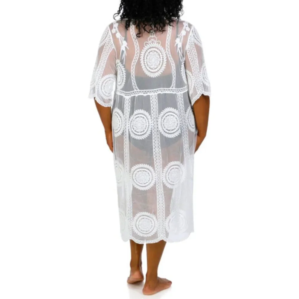Liv Los Angeles Women Sheer Kimono Swim Cover Lace Open Tie Front Ivory LG L126